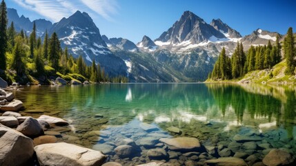 A serene alpine lake surrounded by towering peaks