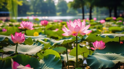 A serene lotus pond with vibrant pink blossoms