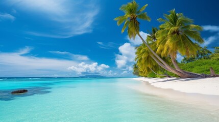 A tranquil beach with palm trees and turquoise waters