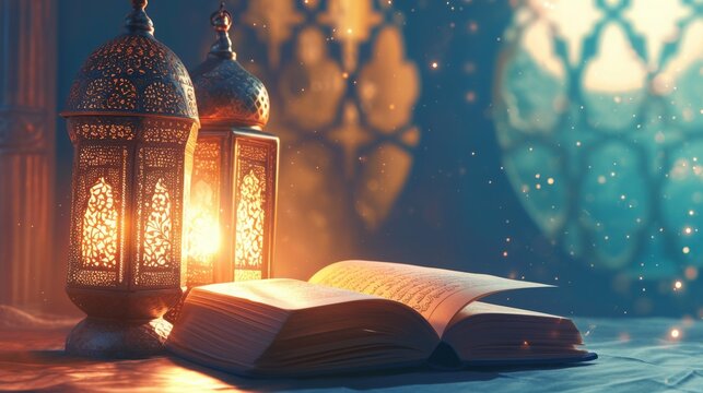an arabic lantern lights with a holy quran opened besides. Purity and praying