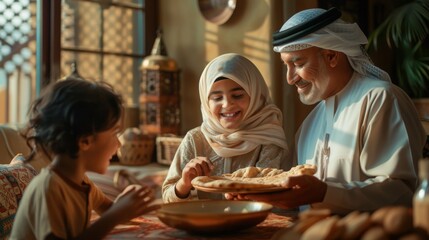 Happy Middle Eastern family shares food at dining table on Ramadan - obrazy, fototapety, plakaty