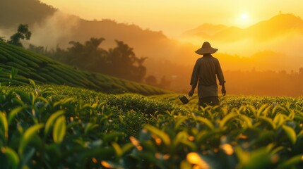 Fototapeta premium man with hat walking through a tea field at sunrise
