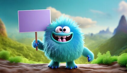 cute blue furry monster 3d cartoon character cute furry monster green monster holding placard cartoon monster