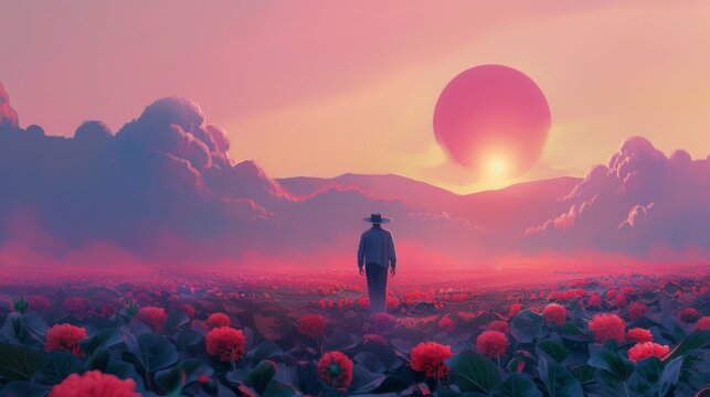 man with hat walking through a flower field or meadow at sunrise