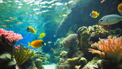 tropical sea underwater fishes on coral reef aquarium oceanarium wildlife colorful marine panorama...