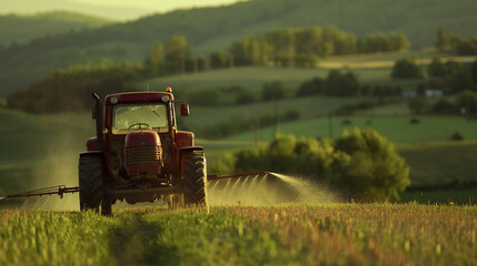 Fototapeta premium Tractor spraying pesticides fertilizer on soybean crops farm field