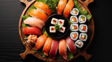 An overhead shot of a beautifully arranged sushi platter