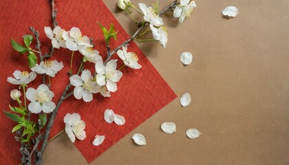 Obraz na płótnie Canvas top view aerial image shot of arrangement decoration chinese new year lunar new year holiday background concept white cheery blossom on red paper and brown backdrop copy space for creative design