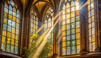 stained glass windows with sun rays pouring in - obrazy, fototapety, plakaty