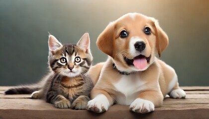 happy dog and cat on background