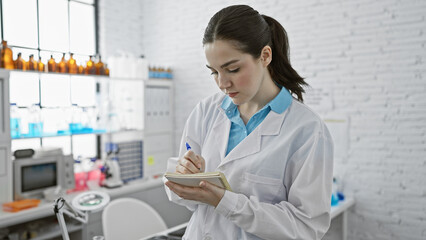 A focused young woman in a lab coat takes notes in a bright, modern laboratory with scientific...