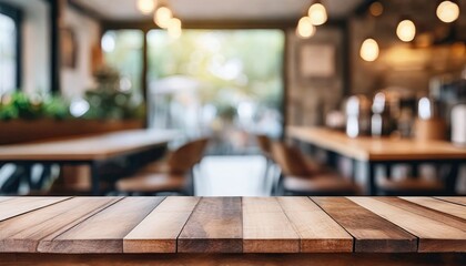 blurred coffee shop and restaurant interior background with empty wooden table use for products display or montage - obrazy, fototapety, plakaty