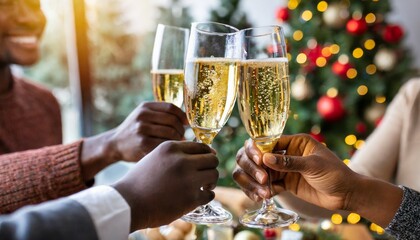 close up of people toasting with christmas champagne glasses generative ai - obrazy, fototapety, plakaty
