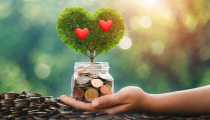 hand holding a jar of heart tree growing on money coins charity social responsible business and donation fundrasing relief plan concept - Powered by Adobe