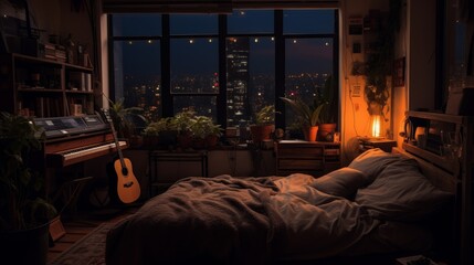 Cozy bedroom with a lofi music setup