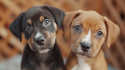 Two adorable puppies gaze curiously into the camera, their eyes full of innocence and wonder