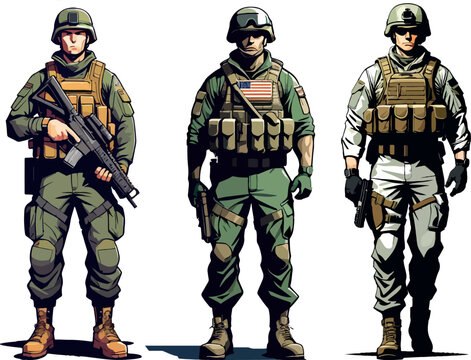 Set of american military soldiers. Soldier, officer, marine, trooper, specops. Vector flat illustration on white background, isolated.