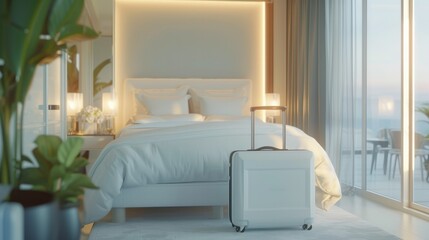 Luggage in the luxury hotel bedroom. Tourist suitcase in the resort. Holiday and vacation trip concept.