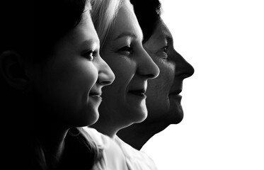 Black and white portraits of family portrait of three generations of women, heredity concept.