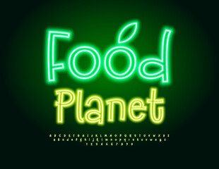 Vector Neon Emblem Food Planet.  Funny Glowing Font. Modern Electric Alphabet Letters and Numbers set.