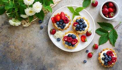 healthy summer pastry dessert berry tartlets or cake with cream cheese top view - obrazy, fototapety, plakaty