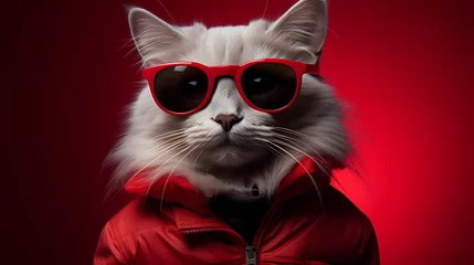 Tuinposter A trendy cat showcases its unique style in a fashionable outfit and stylish glasses against a vivid red backdrop. Its individuality and cute appeal make it a standout in the fashion world ©  ALLAH LOVE