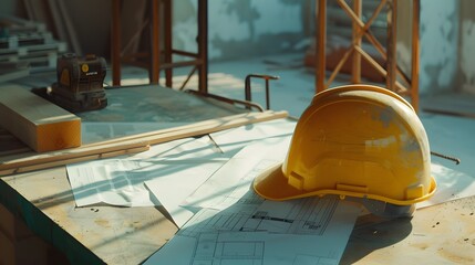 Yellow Helmet with Construction Plan: Construction Concept