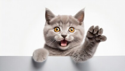 happy cat peeks out from behind a banner and waving his paw on white background