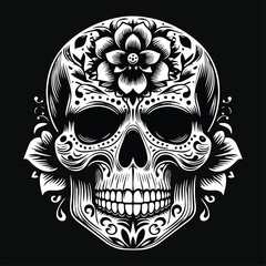 Dark Art Skull Head with Flower Black and White Illustration
