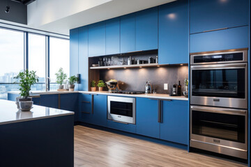 Modern U-shaped kitchen, with a sleek design, in a bold blue color. - obrazy, fototapety, plakaty