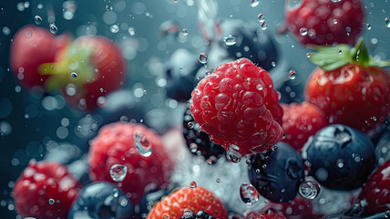 Close-up of juicy strawberries, blueberries, and raspberries with fresh water droplets, capturing the essence of pure freshness.
 - obrazy, fototapety, plakaty