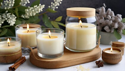 Obraz na płótnie Canvas handmade scented candles in a glass with a wooden lid soy wax candles with a wooden wick front view