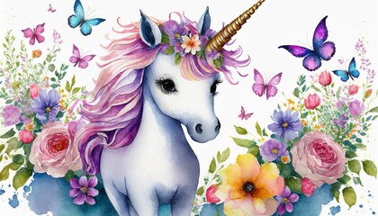 cute unicorn with flowers and butterflies on a white background watercolor illustration ai...