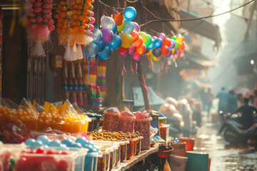 A market street filled with Holi supplies like water guns, powders, balloons and sweets.