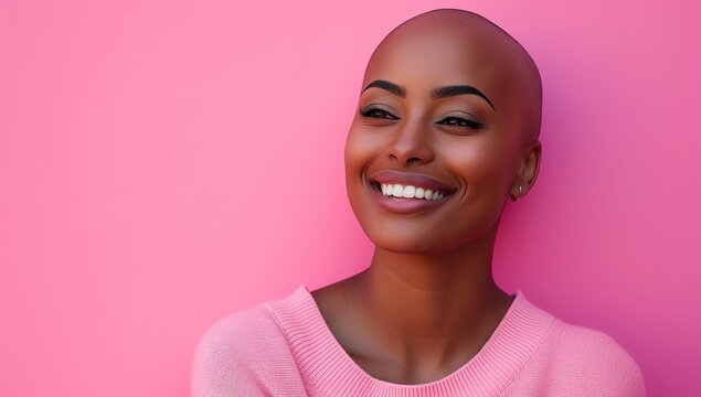 bald woman smiling on pink background, in the style of black arts movement