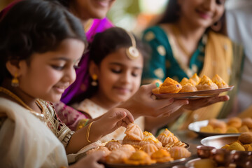 Indian Family Enjoying Traditional Sweets for Holi Festival Celebration. Holi Festival, India's Most Colorful Festival