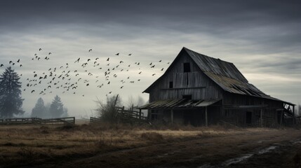 Barn in a field with a flock of birds flying over it - Powered by Adobe