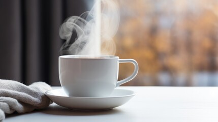 Steam rising from a cup with a cozy blanket in the background