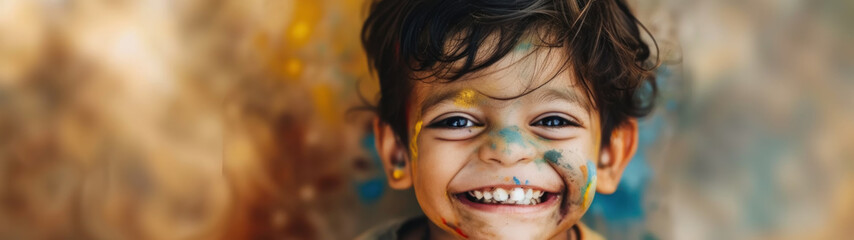 An Indian child smiling with his face smeared in different colored powders. Holi Festival, India's...