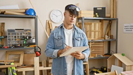 Handsome young hispanic man, a professional carpenter with glasses, engrossed in drawing woodwork...
