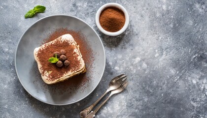 tiramisu cake with chocolate decotaion on a plate grey stone background top view copy space