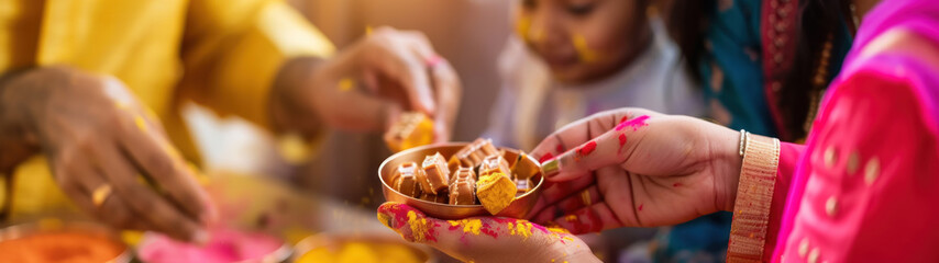 Indian Family Enjoying Traditional Sweets for Holi Festival Celebration. Holi Festival, India's...