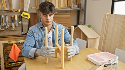 Handsome young hispanic man entrepreneur, relaxing at his carpentry workshop, assembling wooden furniture, a prolific portrait of a professional worker in his element