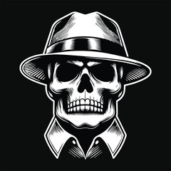 Dark Art Skull Mafia Head with Hat and Collar Black and White Illustration