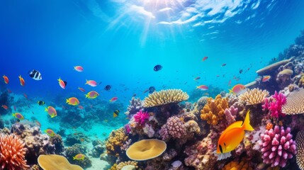 Naklejka na ściany i meble Vibrant coral reefs teeming with colorful marine life