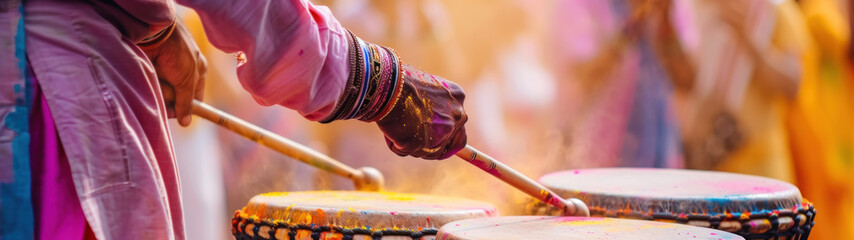 Indian Man Playing Traditional Drums at Vibrant Holi Celebration. Holi Festival, India's Most...