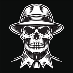 Dark Art Skull Mafia Head with Hat and Collar Black and White Illustration