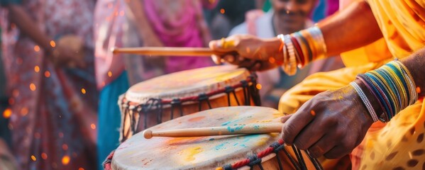 Indian Man Playing Traditional Drums at Vibrant Holi Celebration. Holi Festival, India's Most Colorful Festival