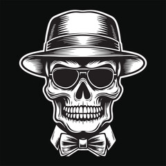 Dark Art Skull Mafia Head with Hat and Collar Black and White Illustration