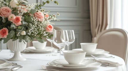 Fototapeta na wymiar Elegant dining area set with fine china and fresh flowers, creating an atmosphere of refined hospitality